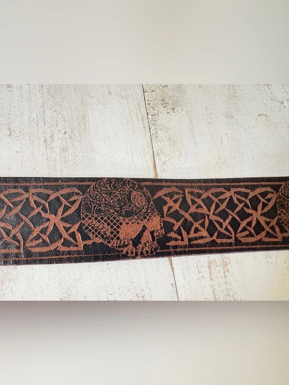 Unique brown black tooled leather belt Celtic knots skulls biker goth men’s 48